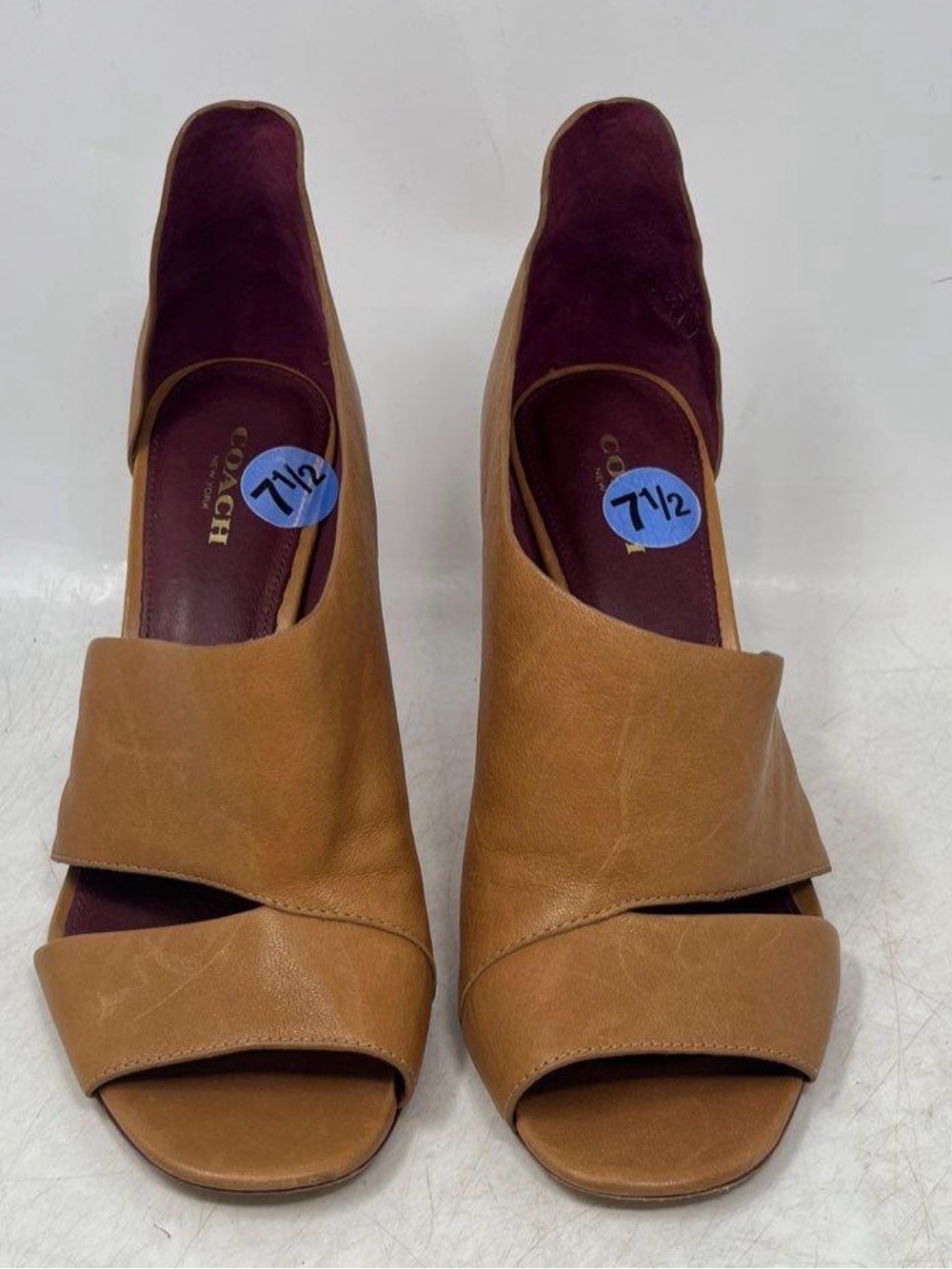 Coach Brown Leather Open-Toe Heels with Burgundy Insole